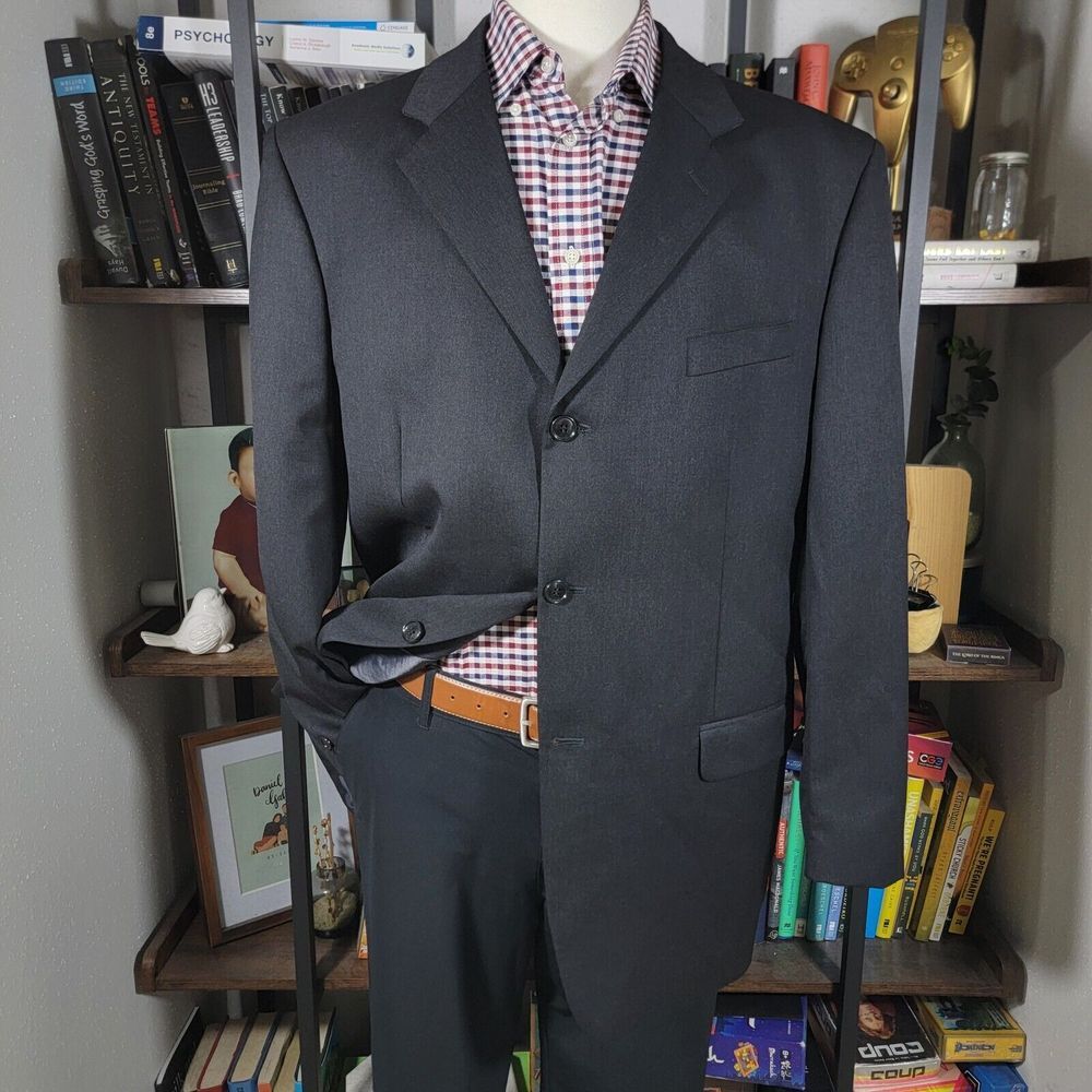 Jones New York Mens Sport Coat Blazer Three Button Charcoal Black Wool Twill 44L